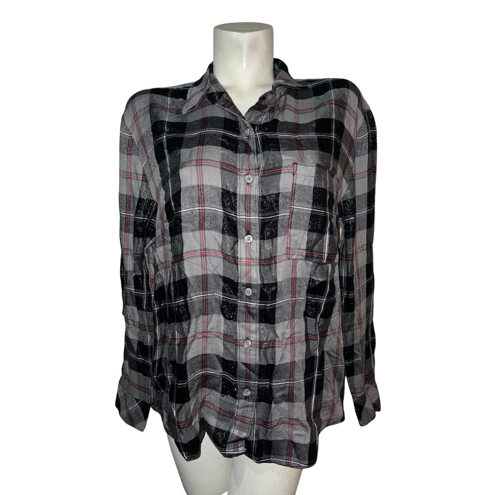 New Style & Co Top Sparkle Plaid Button LS Shirt Deep Black Grey Metallic Size L